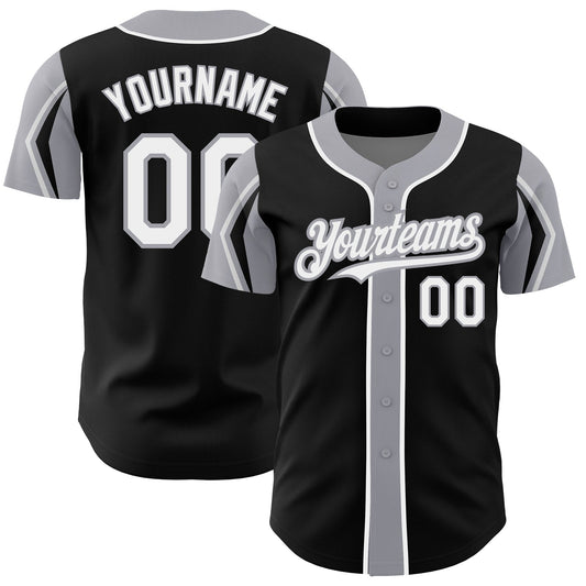 Custom Black White-Gray 3 Colors Arm Shapes Authentic Baseball Jersey - Main View