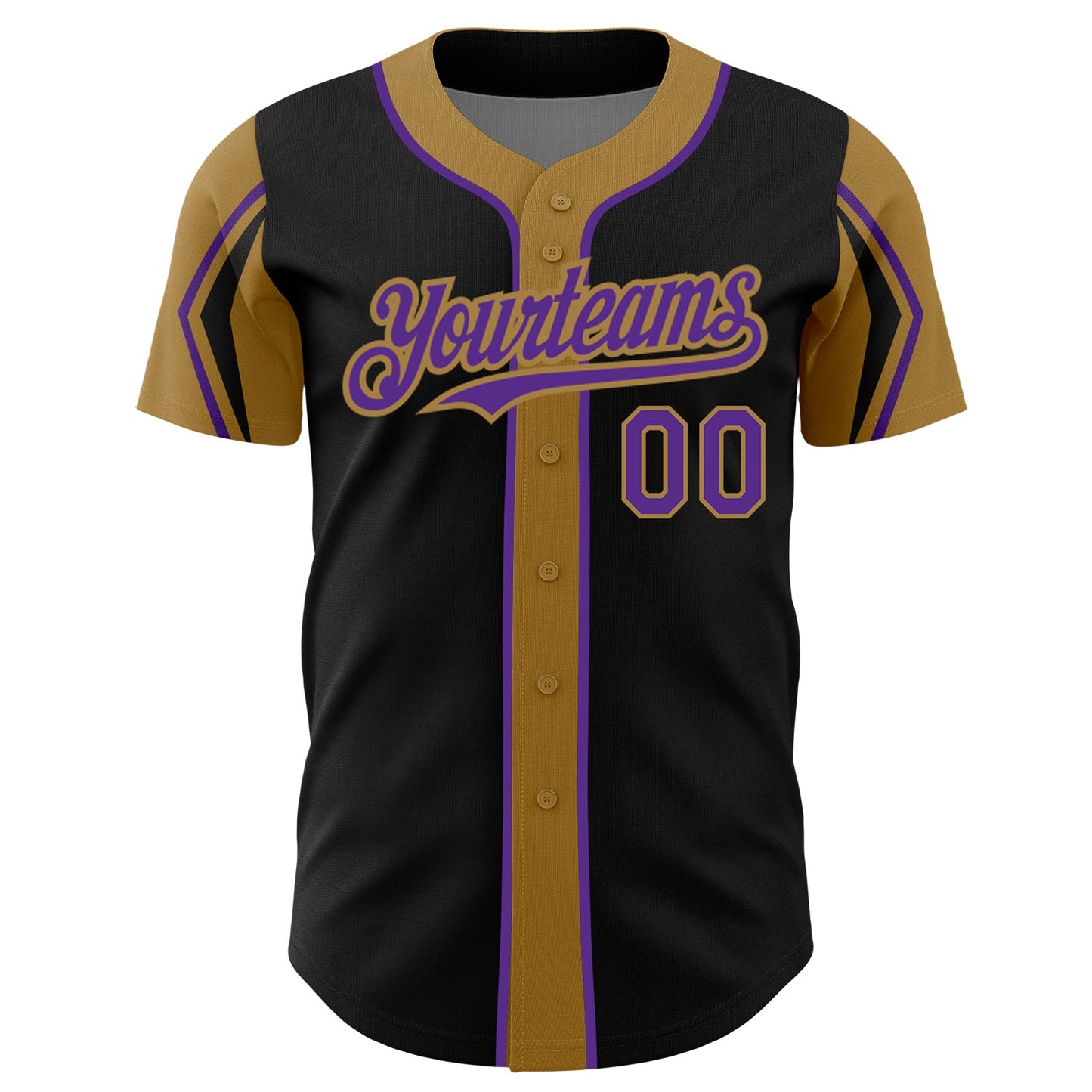 Custom Black Purple-Old Gold 3 Colors Arm Shapes Authentic Baseball Jersey view 3