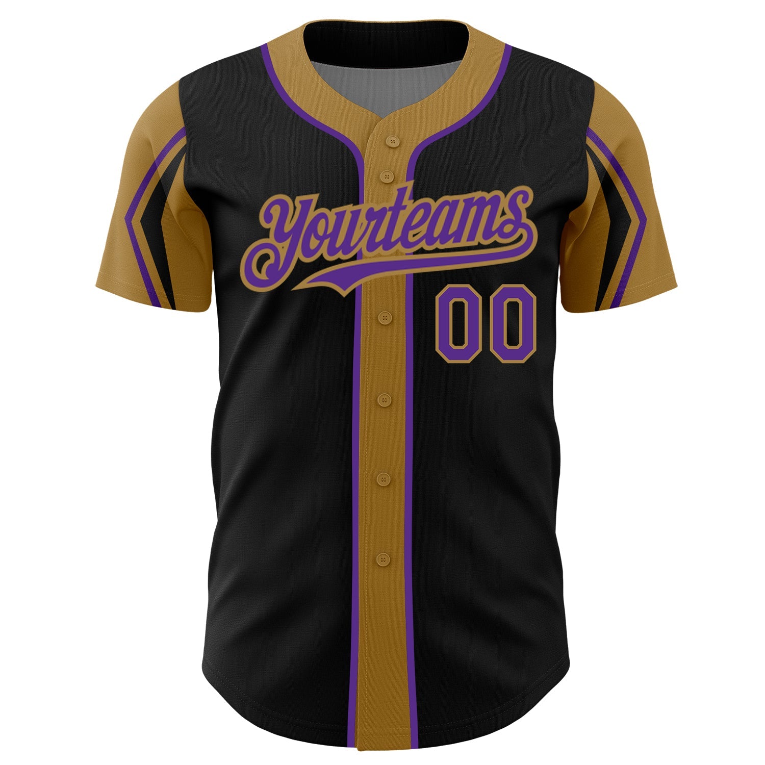 Custom Black Purple-Old Gold 3 Colors Arm Shapes Authentic Baseball Jersey view 3