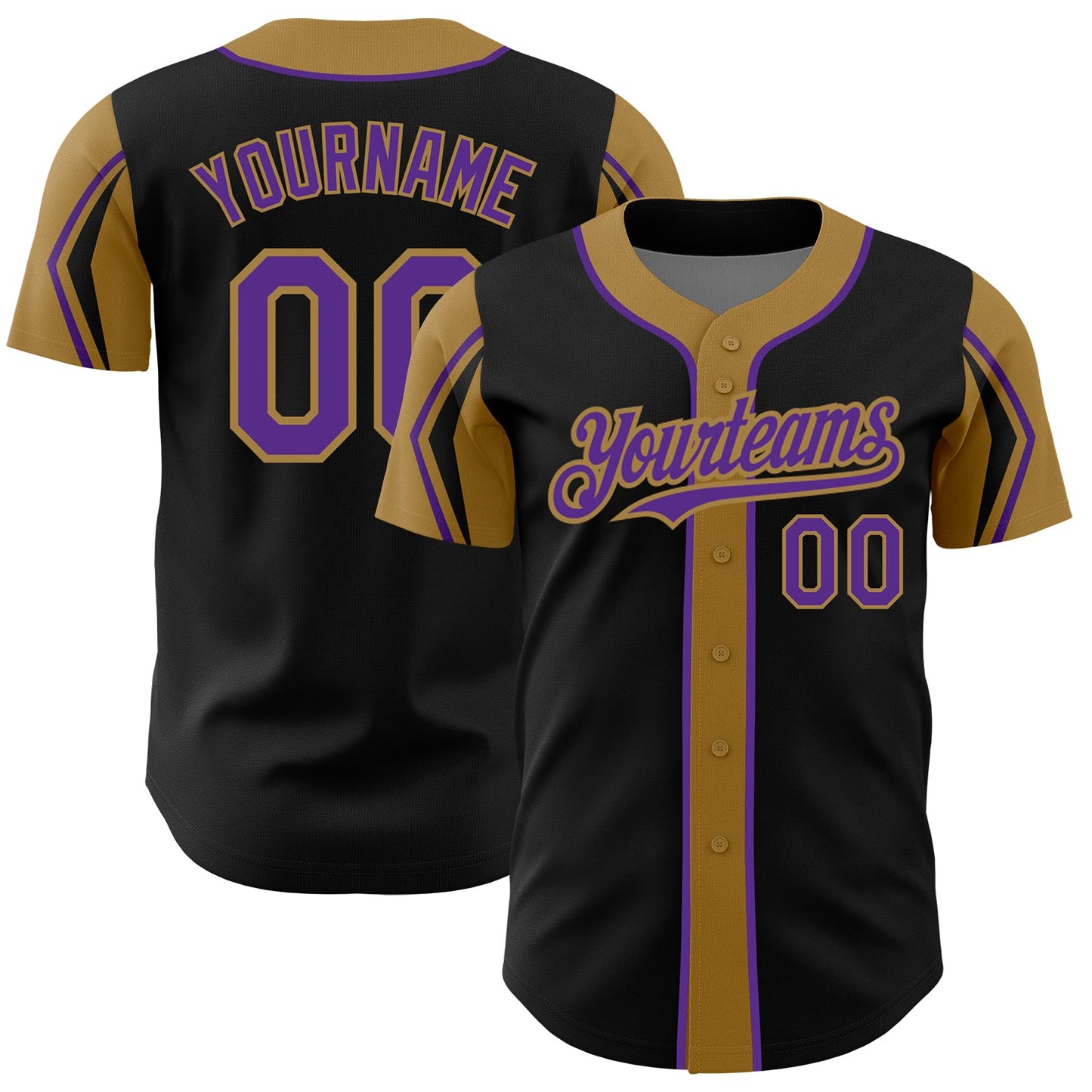 Custom Black Purple-Old Gold 3 Colors Arm Shapes Authentic Baseball Jersey - Main View
