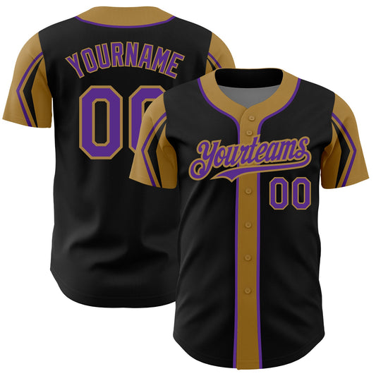 Custom Black Purple-Old Gold 3 Colors Arm Shapes Authentic Baseball Jersey - Main View