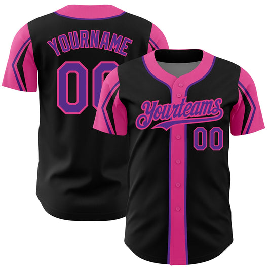 Custom Black Purple-Pink 3 Colors Arm Shapes Authentic Baseball Jersey - Main View