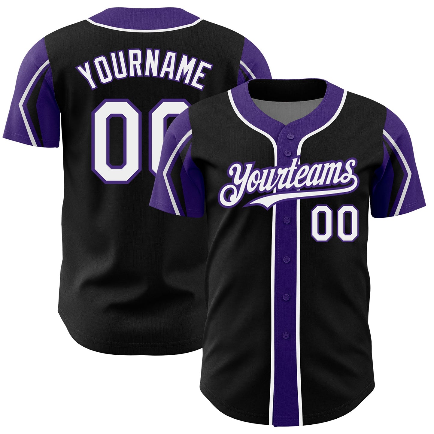 Custom Black White-Purple 3 Colors Arm Shapes Authentic Baseball Jersey - Main View