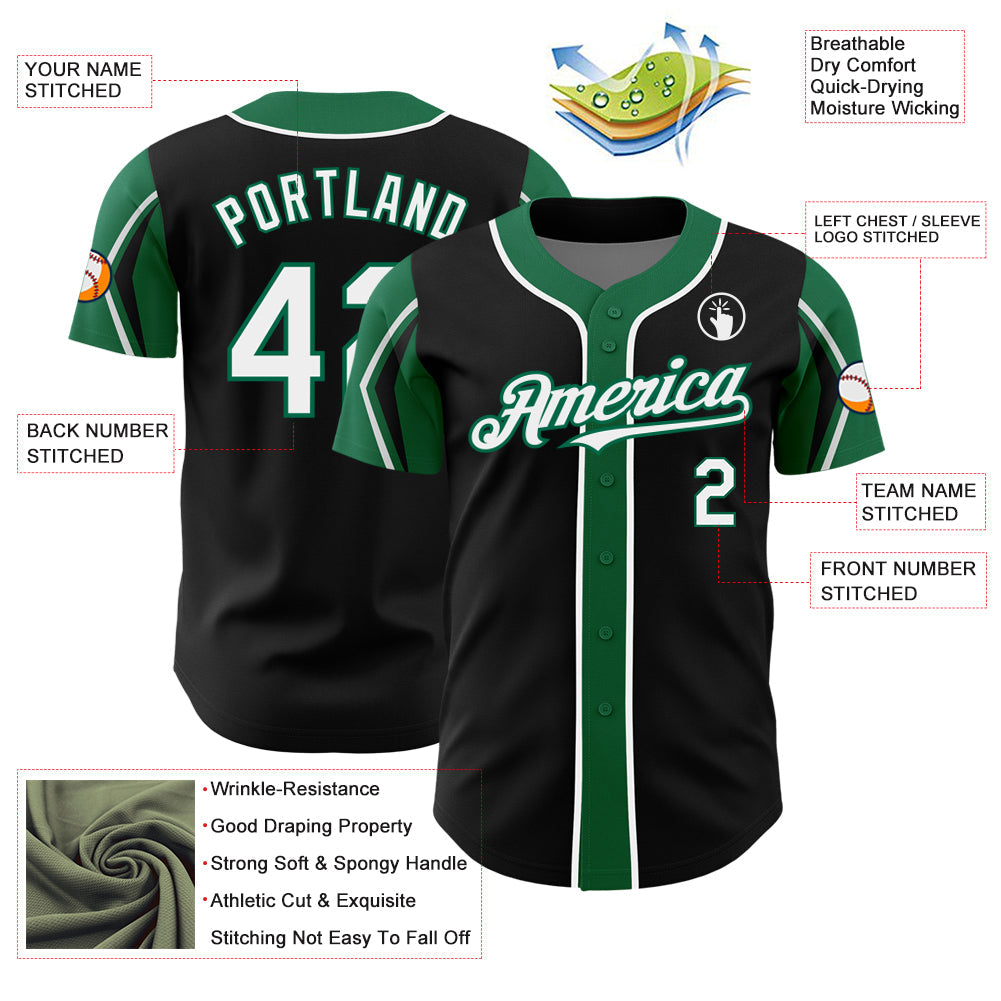 Custom Black White-Kelly Green 3 Colors Arm Shapes Authentic Baseball Jersey view 4