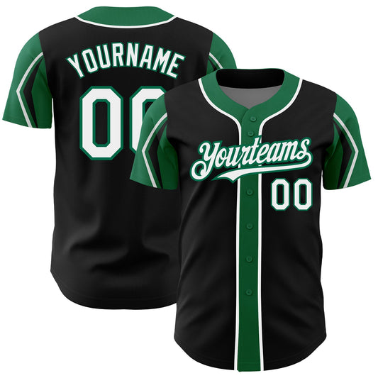 Custom Black White-Kelly Green 3 Colors Arm Shapes Authentic Baseball Jersey - Main View