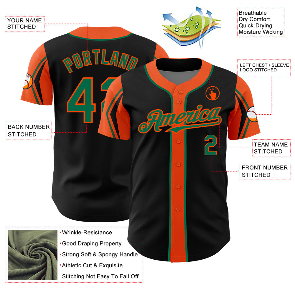 Custom Black Kelly Green-Orange 3 Colors Arm Shapes Authentic Baseball Jersey view 4