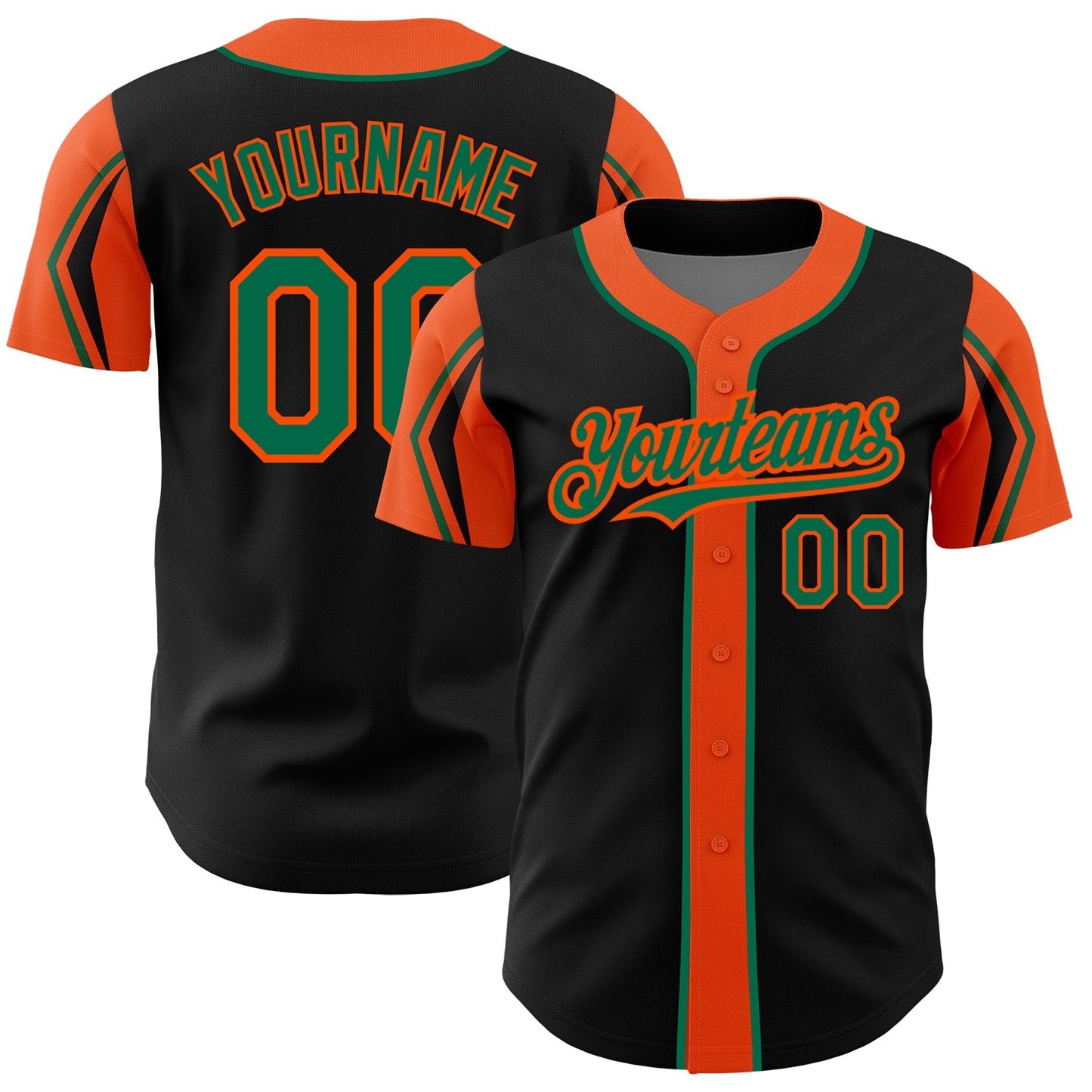 Custom Black Kelly Green-Orange 3 Colors Arm Shapes Authentic Baseball Jersey - Main View