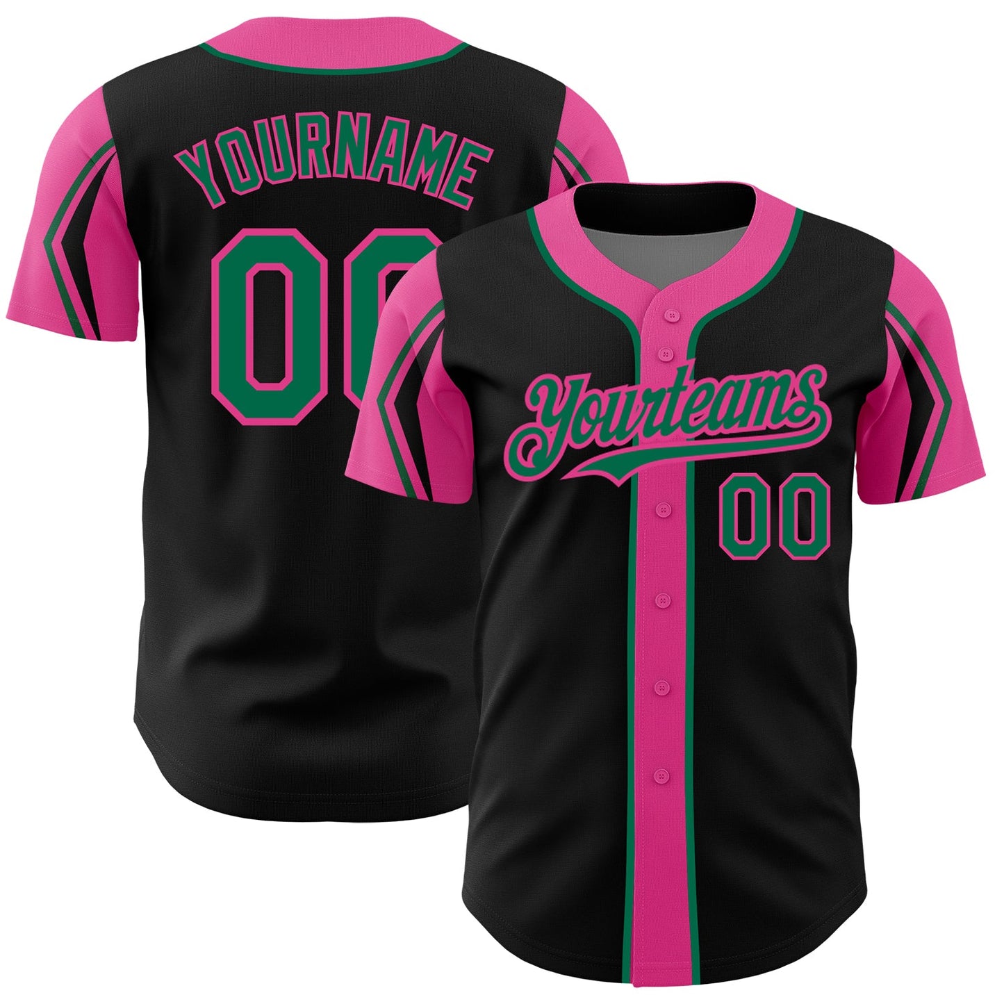 Custom Black Kelly Green-Pink 3 Colors Arm Shapes Authentic Baseball Jersey - Main View