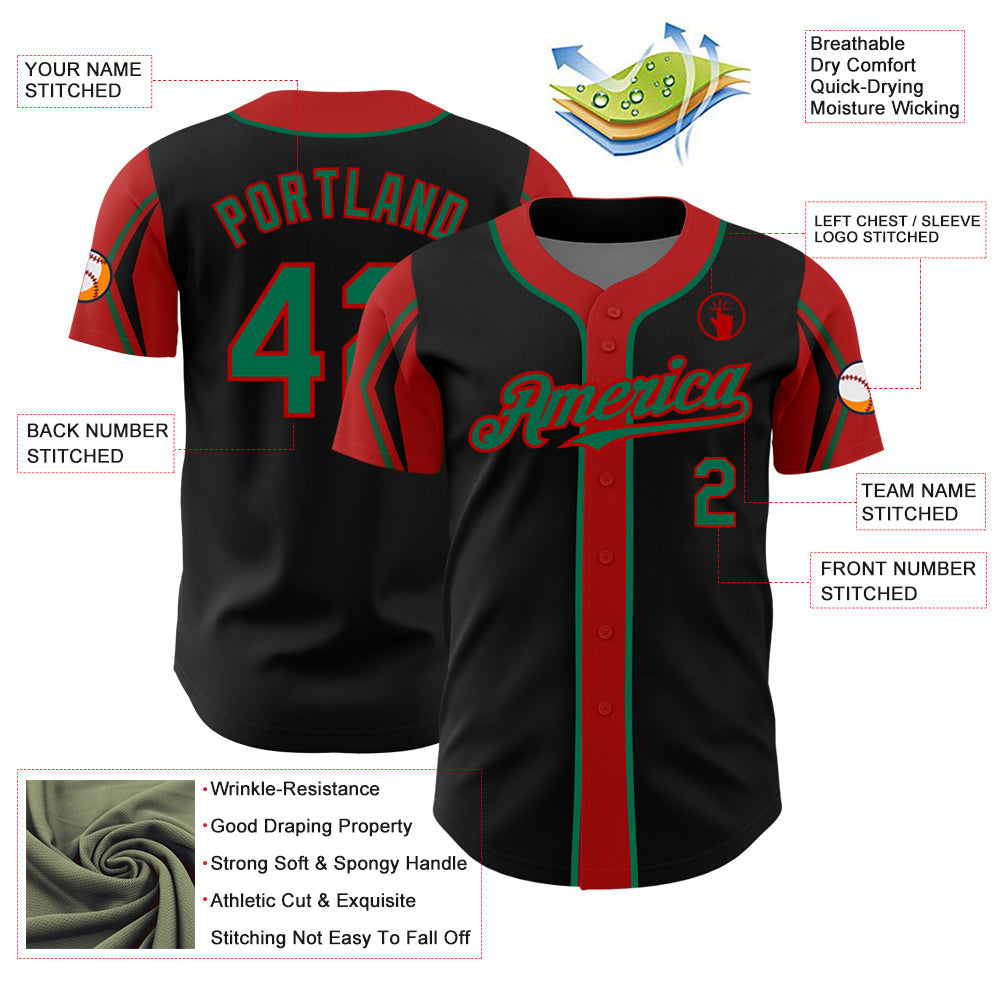 Custom Black Kelly Green-Red 3 Colors Arm Shapes Authentic Baseball Jersey view 4