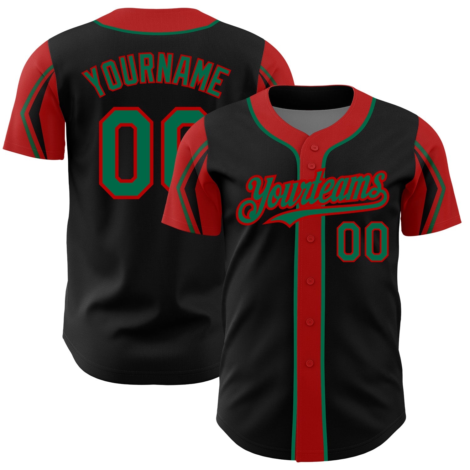 Custom Black Kelly Green-Red 3 Colors Arm Shapes Authentic Baseball Jersey - Main View
