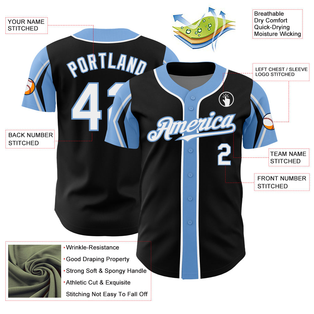 Custom Black White-Light Blue 3 Colors Arm Shapes Authentic Baseball Jersey view 4