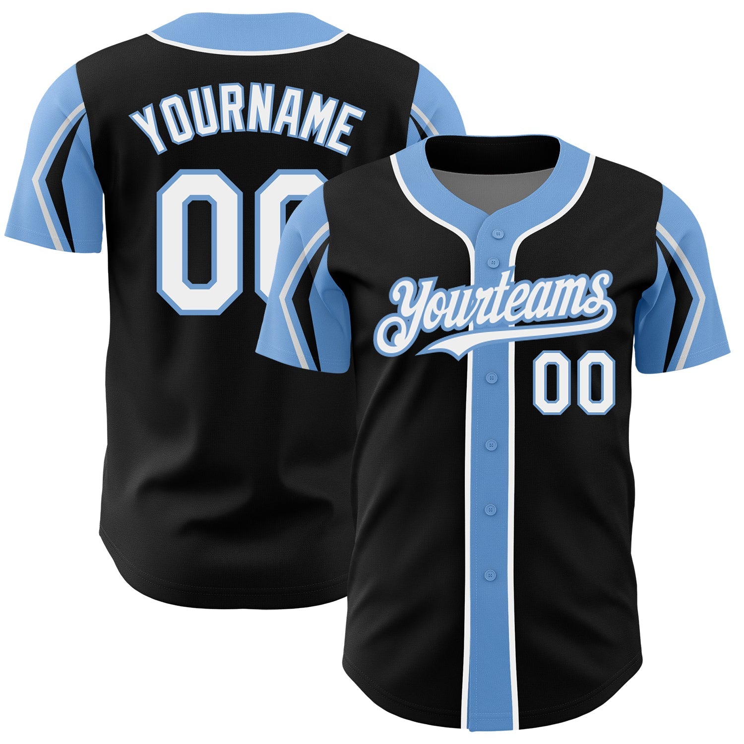 Custom Black White-Light Blue 3 Colors Arm Shapes Authentic Baseball Jersey - Main View