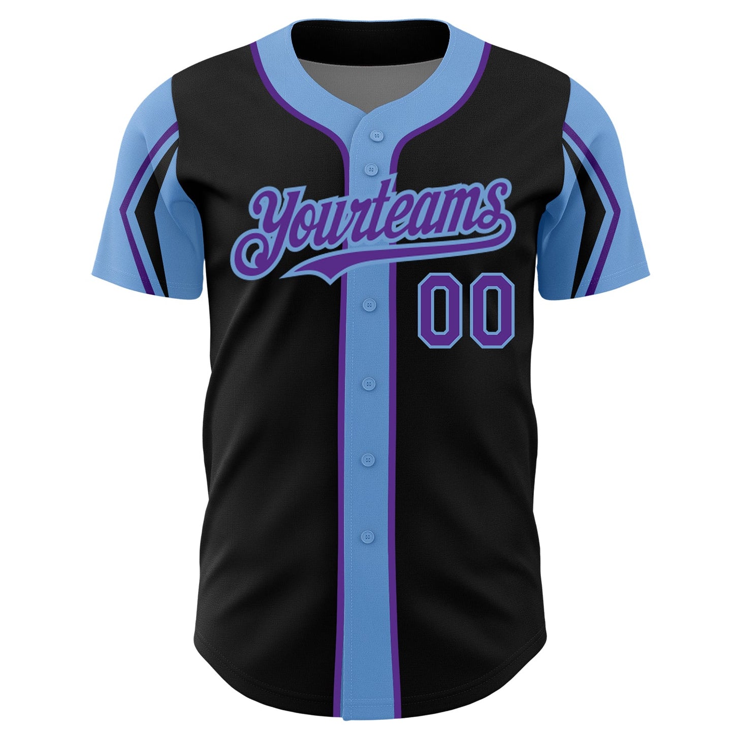 Custom Black Purple-Light Blue 3 Colors Arm Shapes Authentic Baseball Jersey view 3