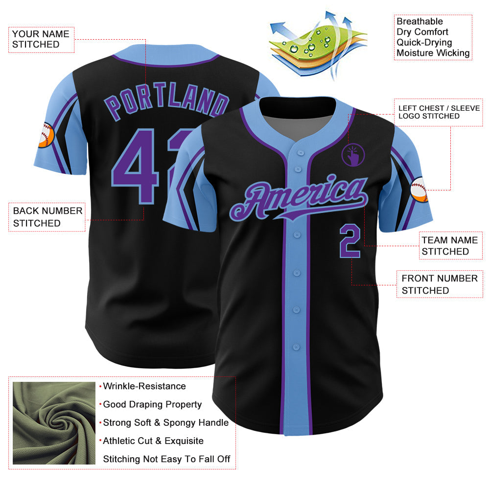 Custom Black Purple-Light Blue 3 Colors Arm Shapes Authentic Baseball Jersey view 4