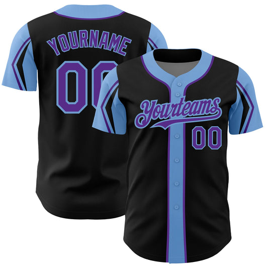 Custom Black Purple-Light Blue 3 Colors Arm Shapes Authentic Baseball Jersey - Main View