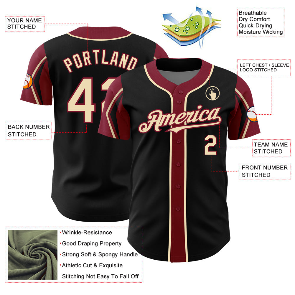 Custom Black City Cream-Crimson 3 Colors Arm Shapes Authentic Baseball Jersey view 4