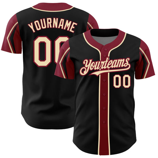 Custom Black City Cream-Crimson 3 Colors Arm Shapes Authentic Baseball Jersey - Main View