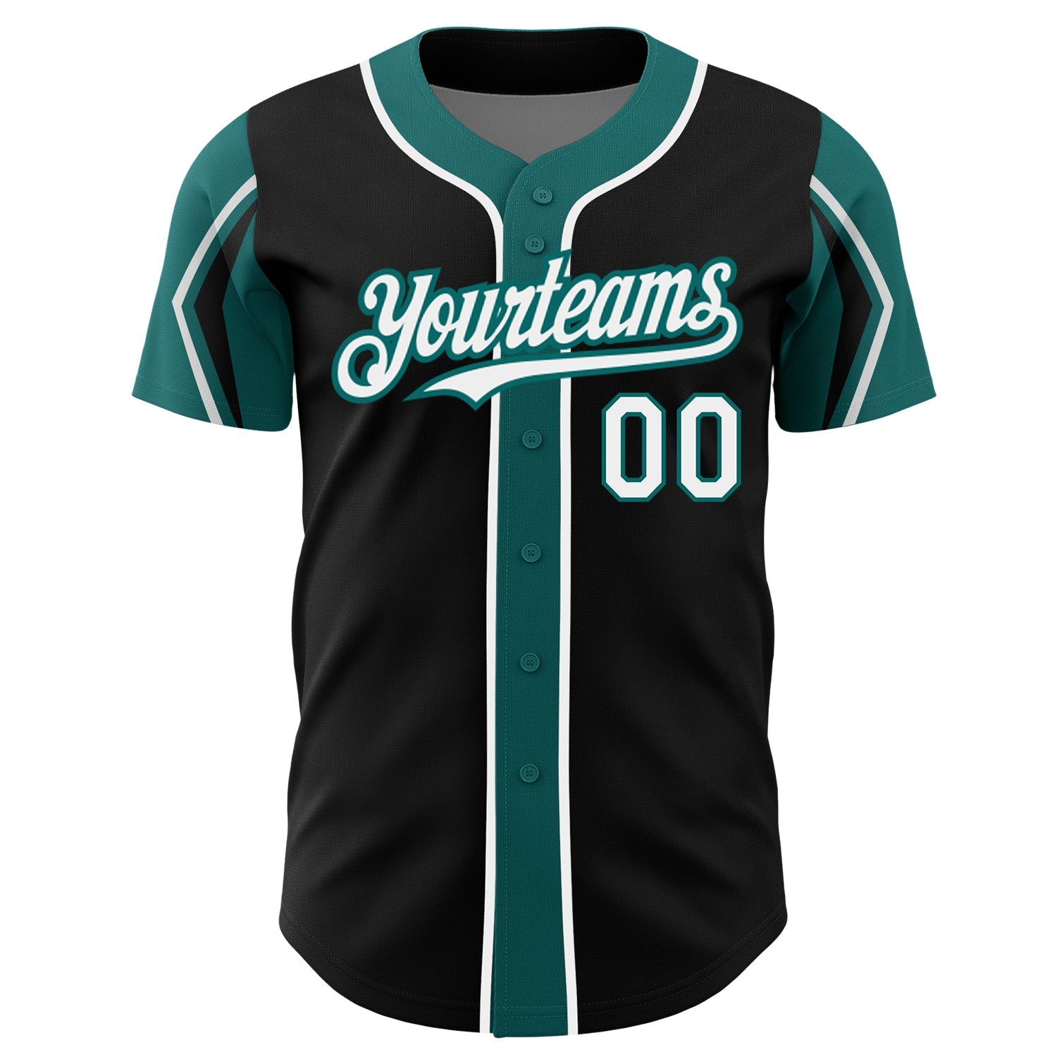 Custom Black White-Teal 3 Colors Arm Shapes Authentic Baseball Jersey view 3