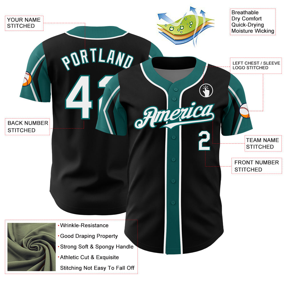 Custom Black White-Teal 3 Colors Arm Shapes Authentic Baseball Jersey view 4