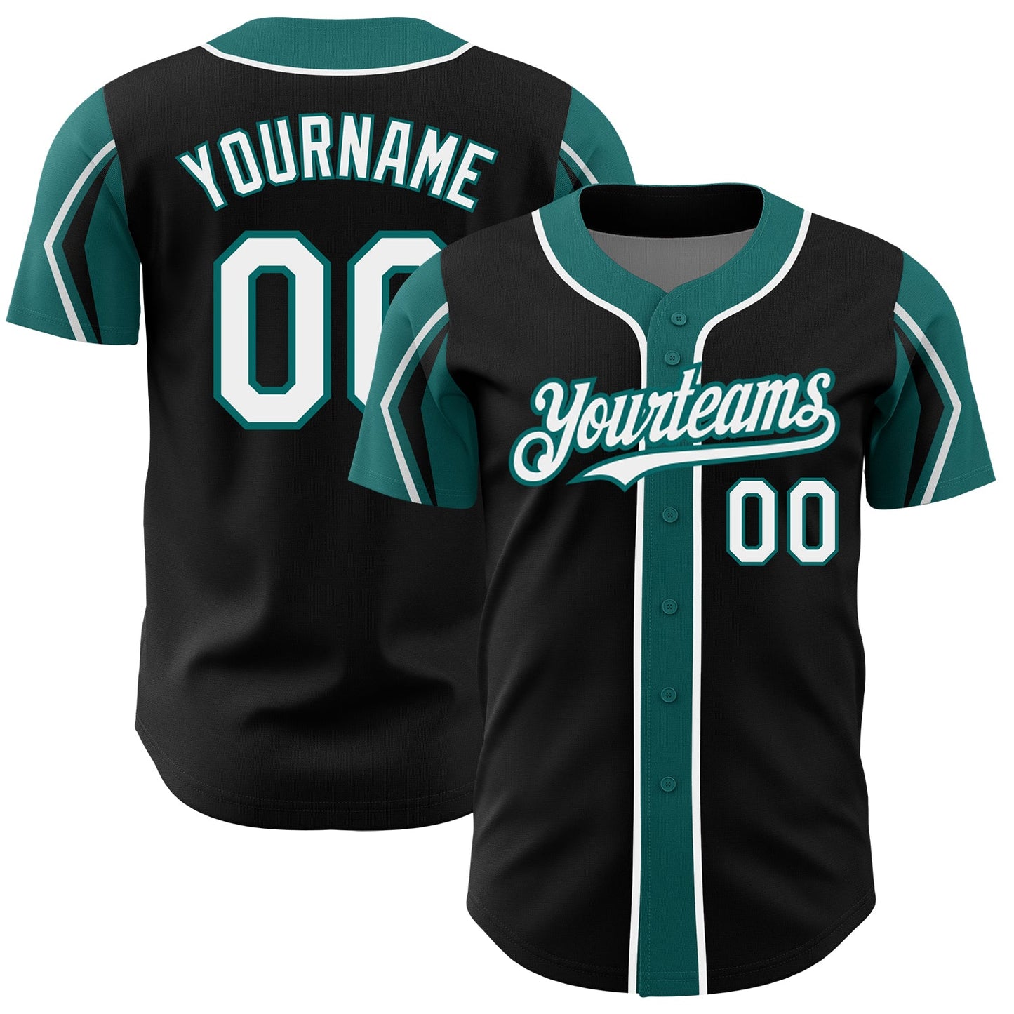 Custom Black White-Teal 3 Colors Arm Shapes Authentic Baseball Jersey - Main View