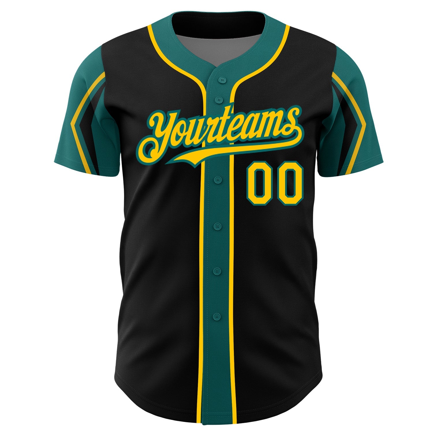 Custom Black Yellow-Teal 3 Colors Arm Shapes Authentic Baseball Jersey view 3