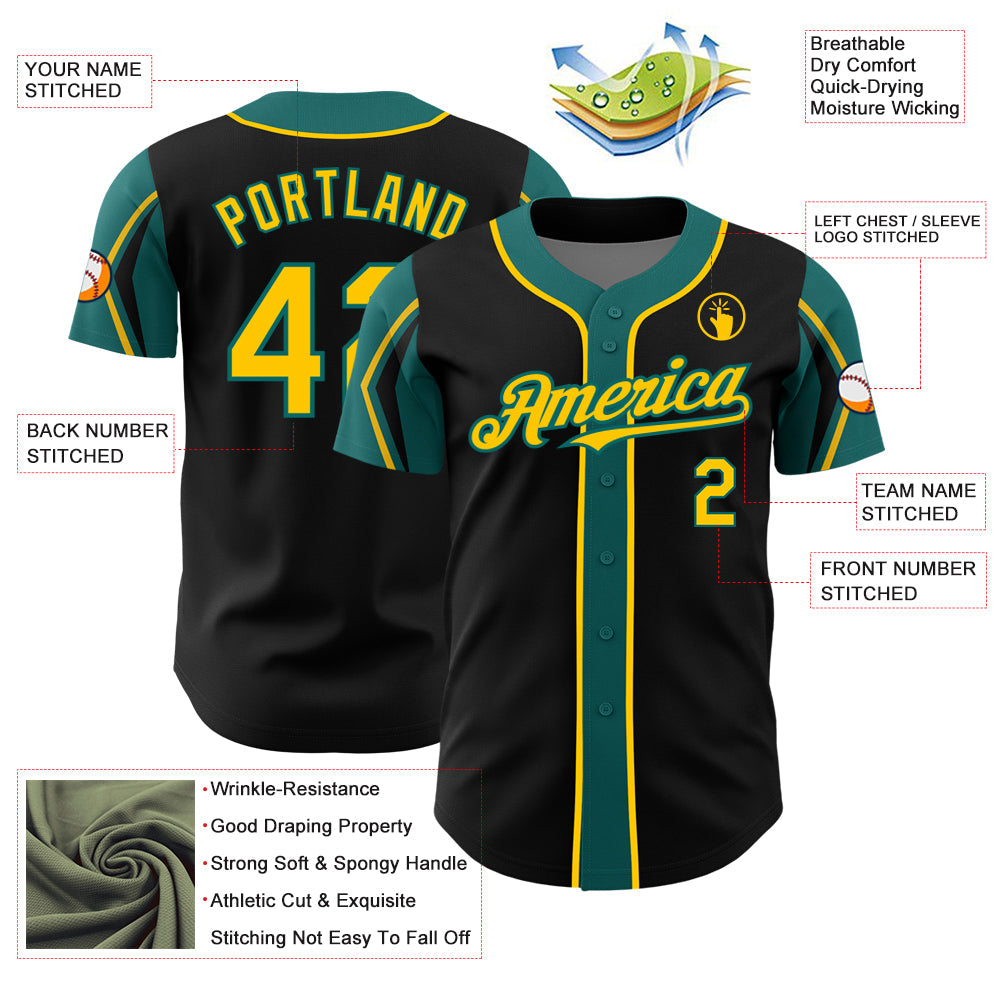Custom Black Yellow-Teal 3 Colors Arm Shapes Authentic Baseball Jersey view 4