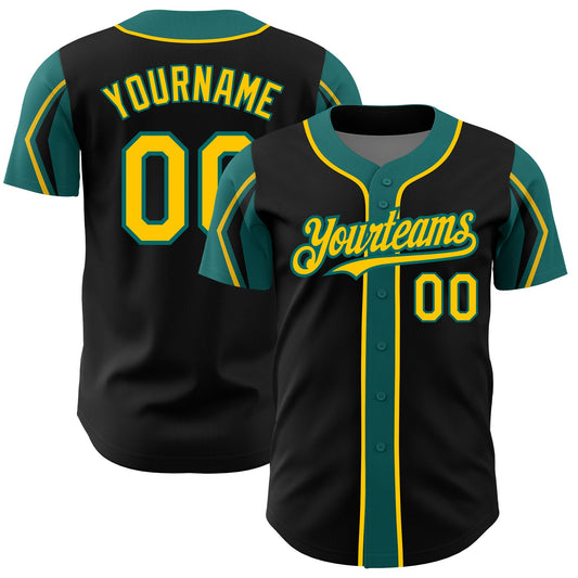 Custom Black Yellow-Teal 3 Colors Arm Shapes Authentic Baseball Jersey - Main View