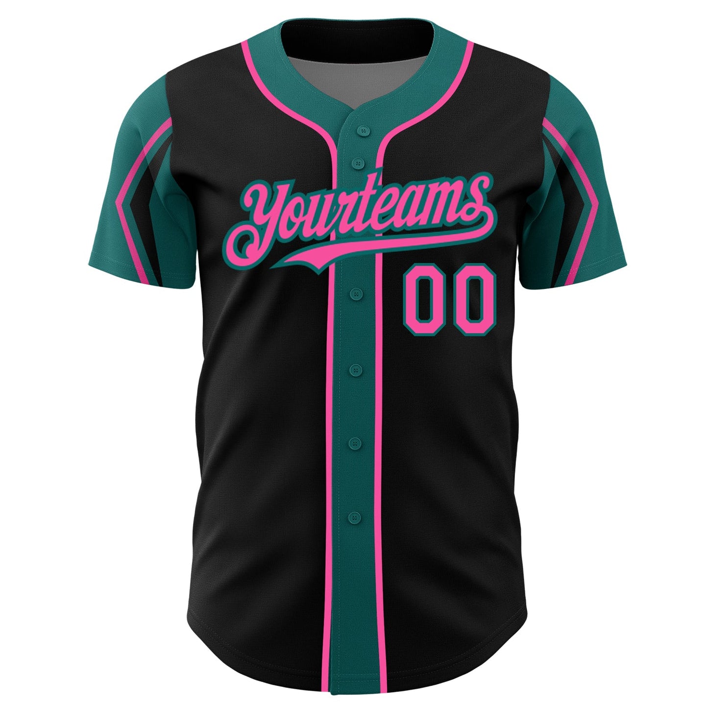 Custom Black Pink-Teal 3 Colors Arm Shapes Authentic Baseball Jersey view 3