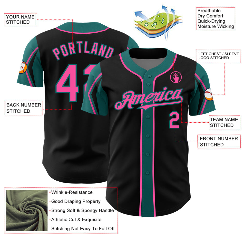 Custom Black Pink-Teal 3 Colors Arm Shapes Authentic Baseball Jersey view 4