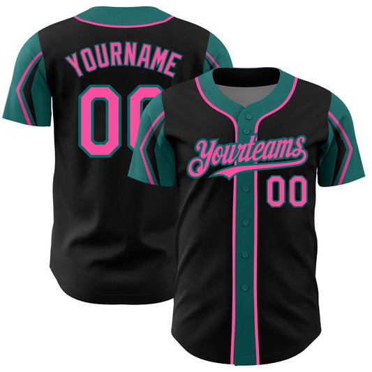 Custom Black Pink-Teal 3 Colors Arm Shapes Authentic Baseball Jersey - Main View
