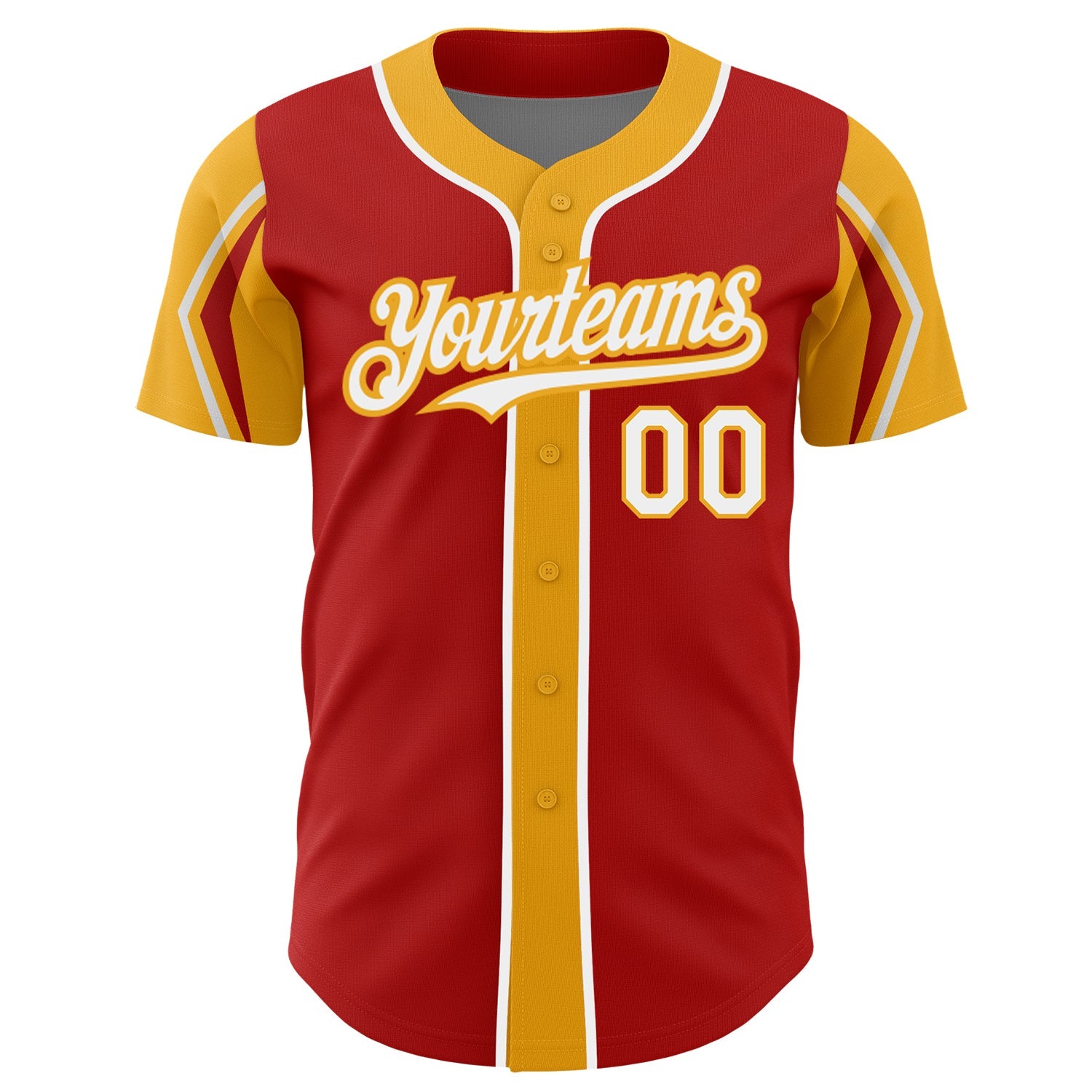 Custom Red White-Gold 3 Colors Arm Shapes Authentic Baseball Jersey view 3