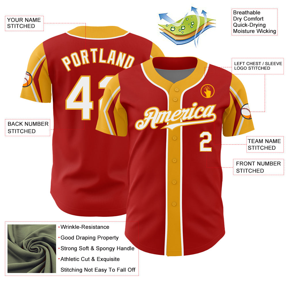 Custom Red White-Gold 3 Colors Arm Shapes Authentic Baseball Jersey view 4