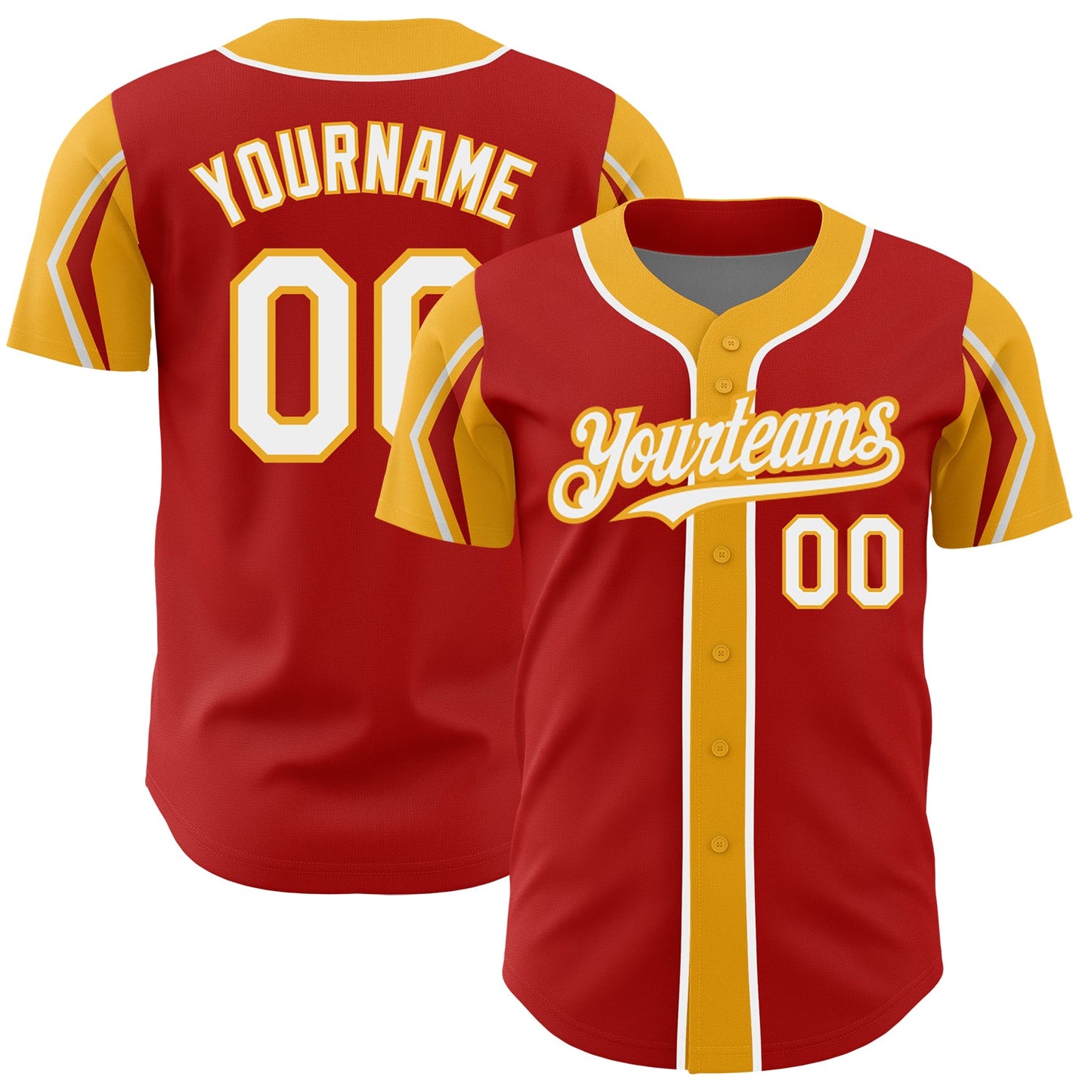 Custom Red White-Gold 3 Colors Arm Shapes Authentic Baseball Jersey - Main View