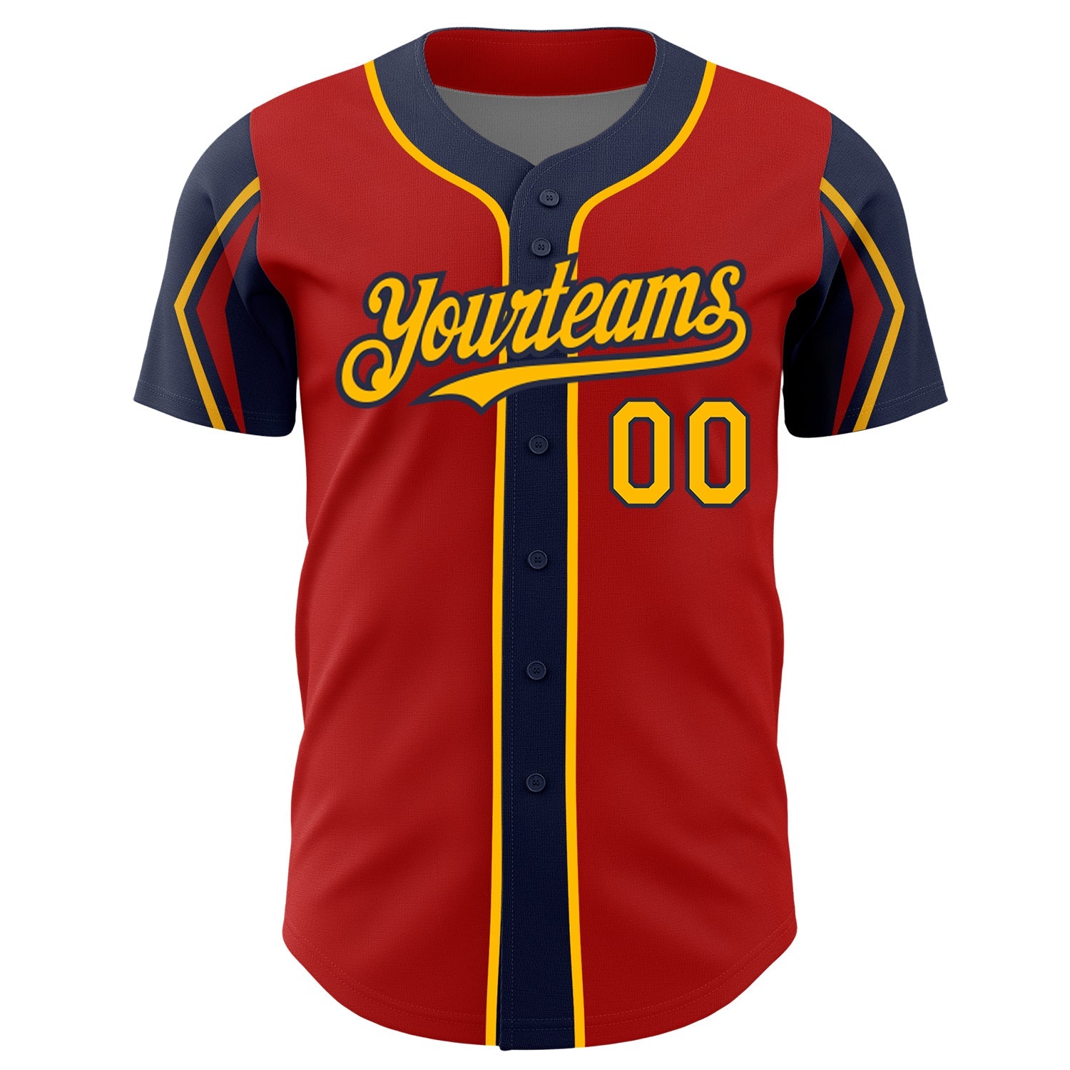 Custom Red Gold-Navy 3 Colors Arm Shapes Authentic Baseball Jersey view 3