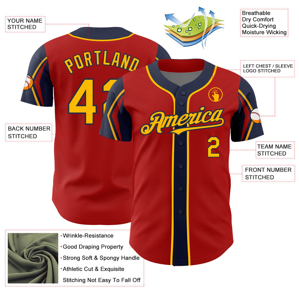 Custom Red Gold-Navy 3 Colors Arm Shapes Authentic Baseball Jersey view 4