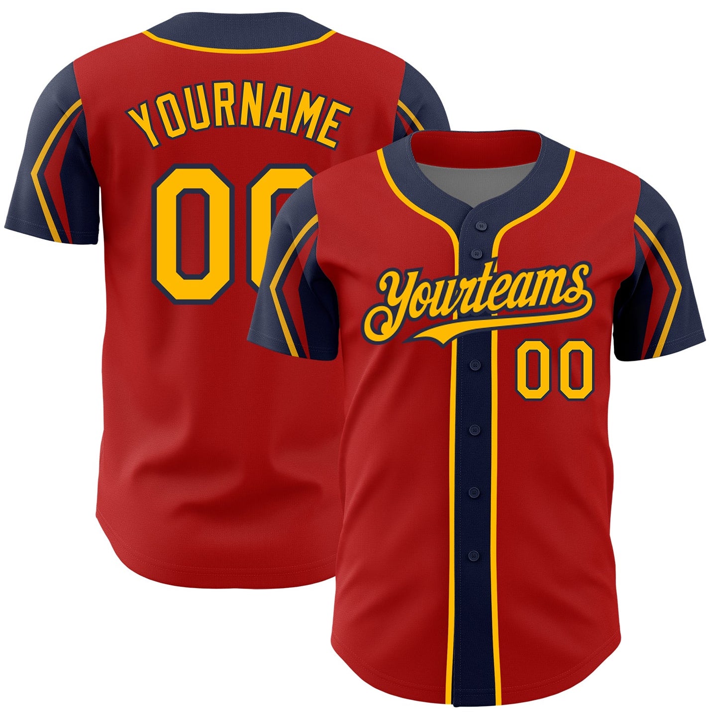 Custom Red Gold-Navy 3 Colors Arm Shapes Authentic Baseball Jersey - Main View