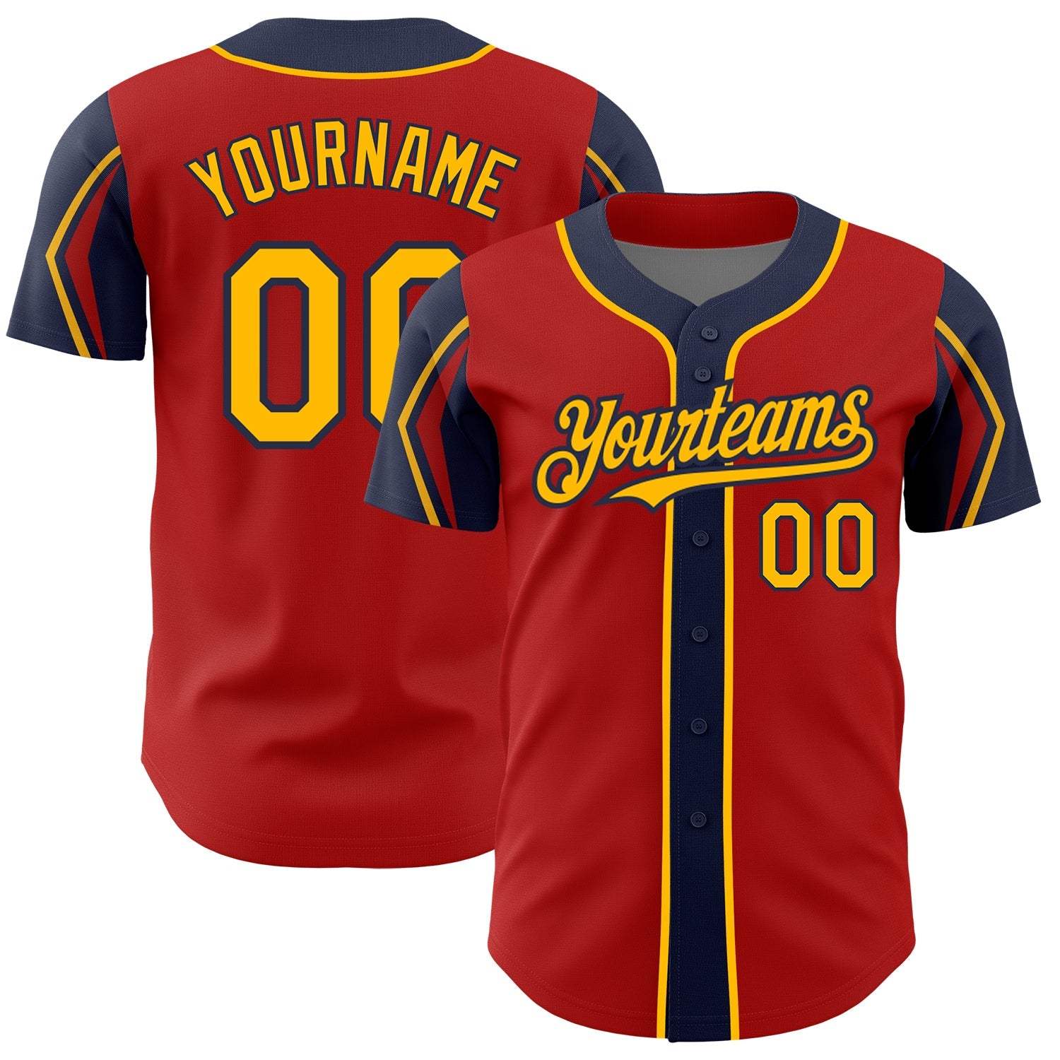 Custom Red Gold-Navy 3 Colors Arm Shapes Authentic Baseball Jersey - Main View