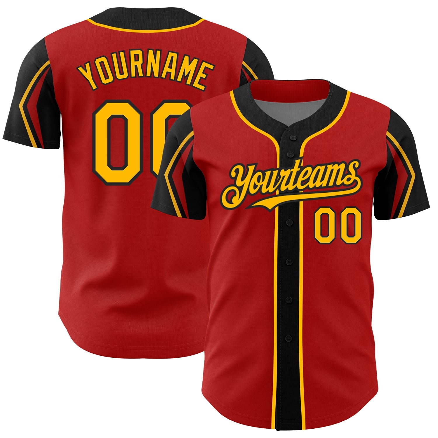 Custom Red Gold-Black 3 Colors Arm Shapes Authentic Baseball Jersey - Main View