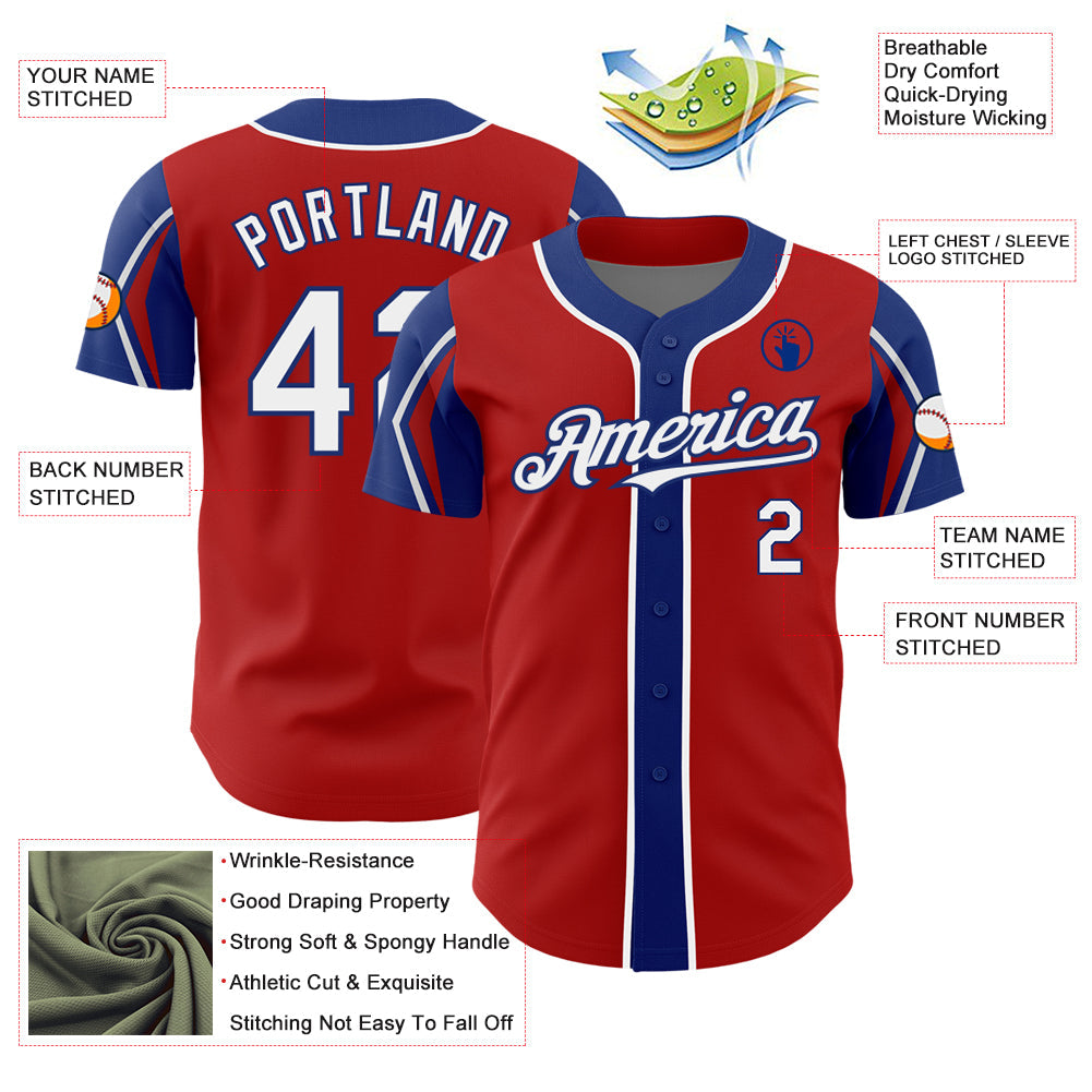 Custom Red White-Royal 3 Colors Arm Shapes Authentic Baseball Jersey view 4