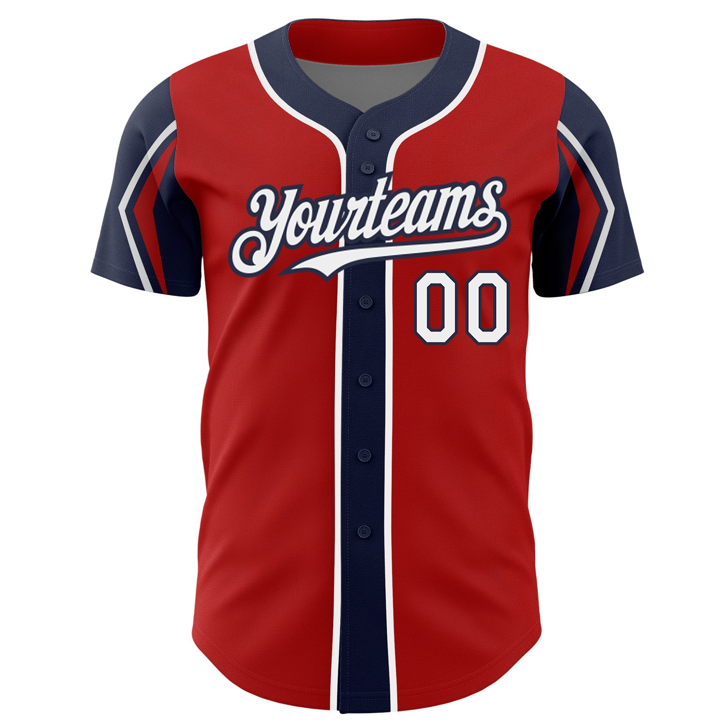Custom Red White-Navy 3 Colors Arm Shapes Authentic Baseball Jersey view 3
