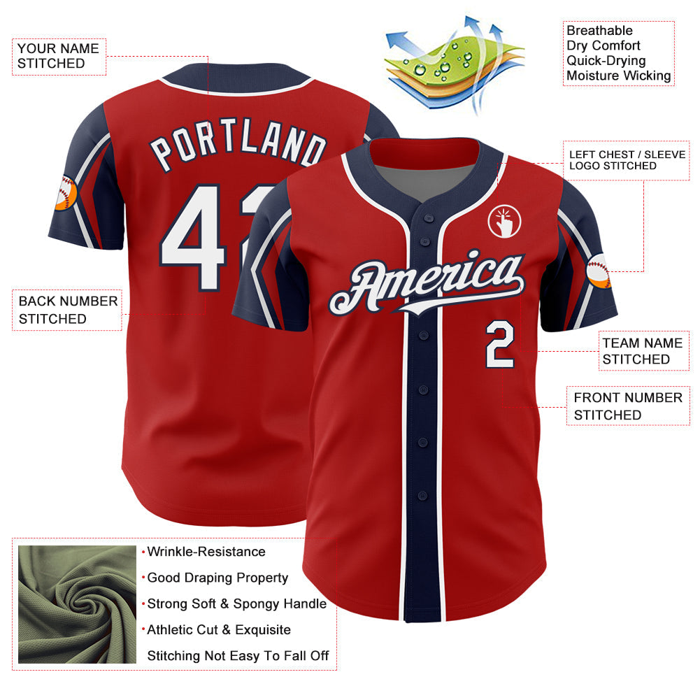 Custom Red White-Navy 3 Colors Arm Shapes Authentic Baseball Jersey view 4