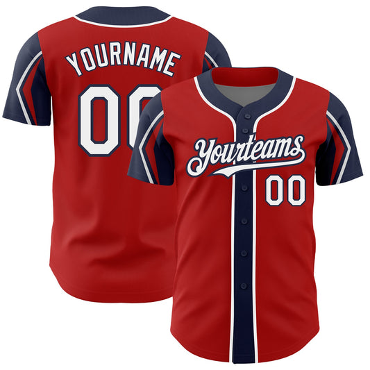Custom Red White-Navy 3 Colors Arm Shapes Authentic Baseball Jersey - Main View