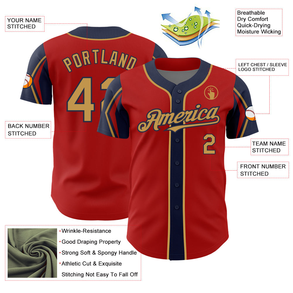 Custom Red Old Gold-Navy 3 Colors Arm Shapes Authentic Baseball Jersey view 4
