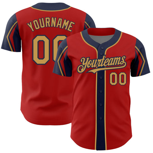 Custom Red Old Gold-Navy 3 Colors Arm Shapes Authentic Baseball Jersey - Main View