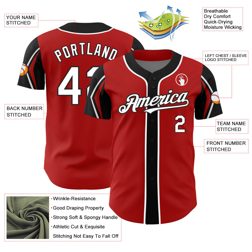 Custom Red White-Black 3 Colors Arm Shapes Authentic Baseball Jersey view 4