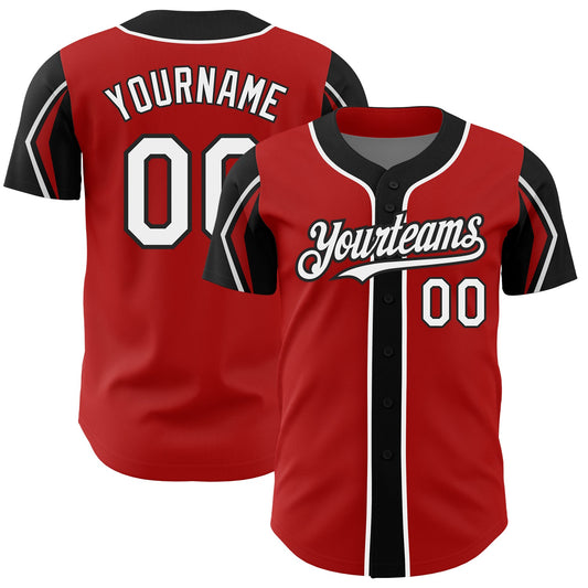 Custom Red White-Black 3 Colors Arm Shapes Authentic Baseball Jersey - Main View