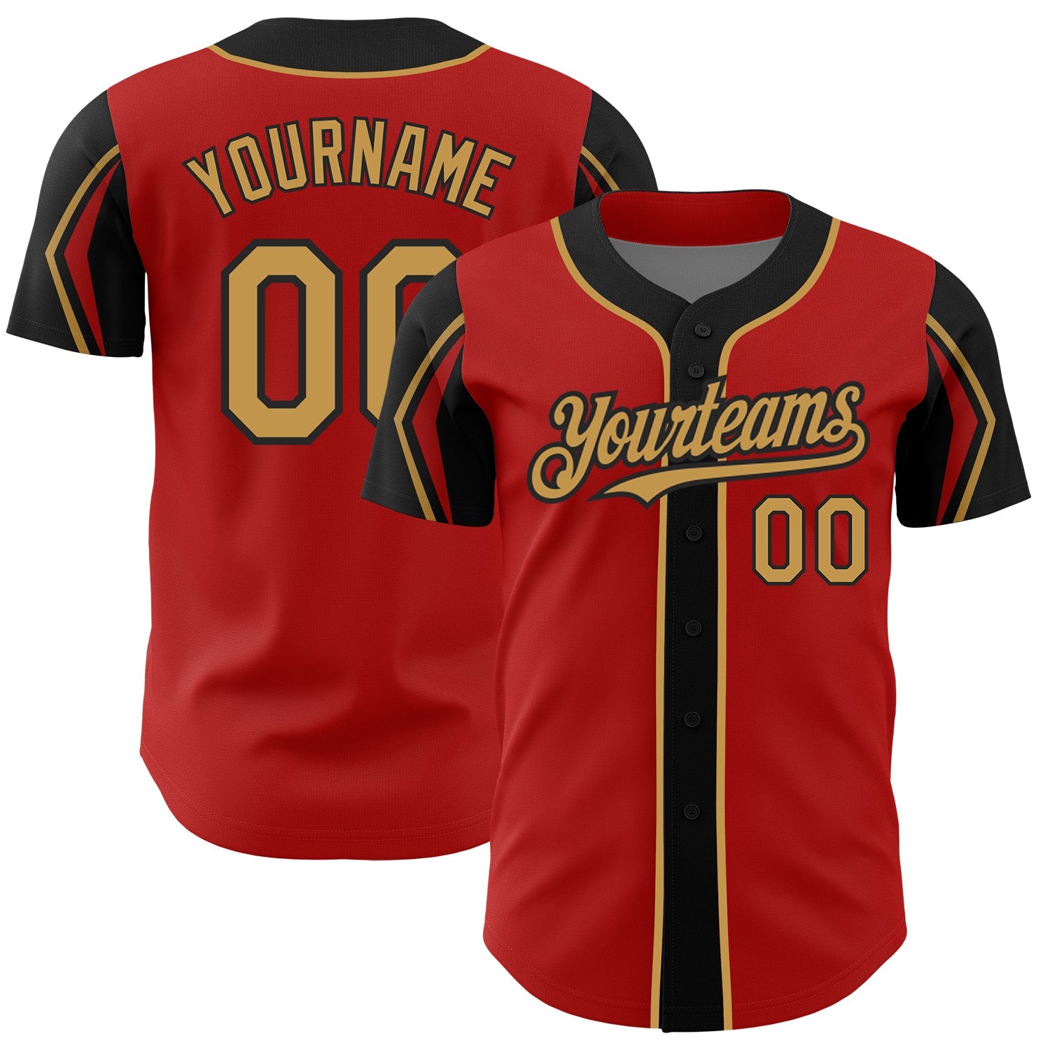 Custom Red Old Gold-Black 3 Colors Arm Shapes Authentic Baseball Jersey - Main View