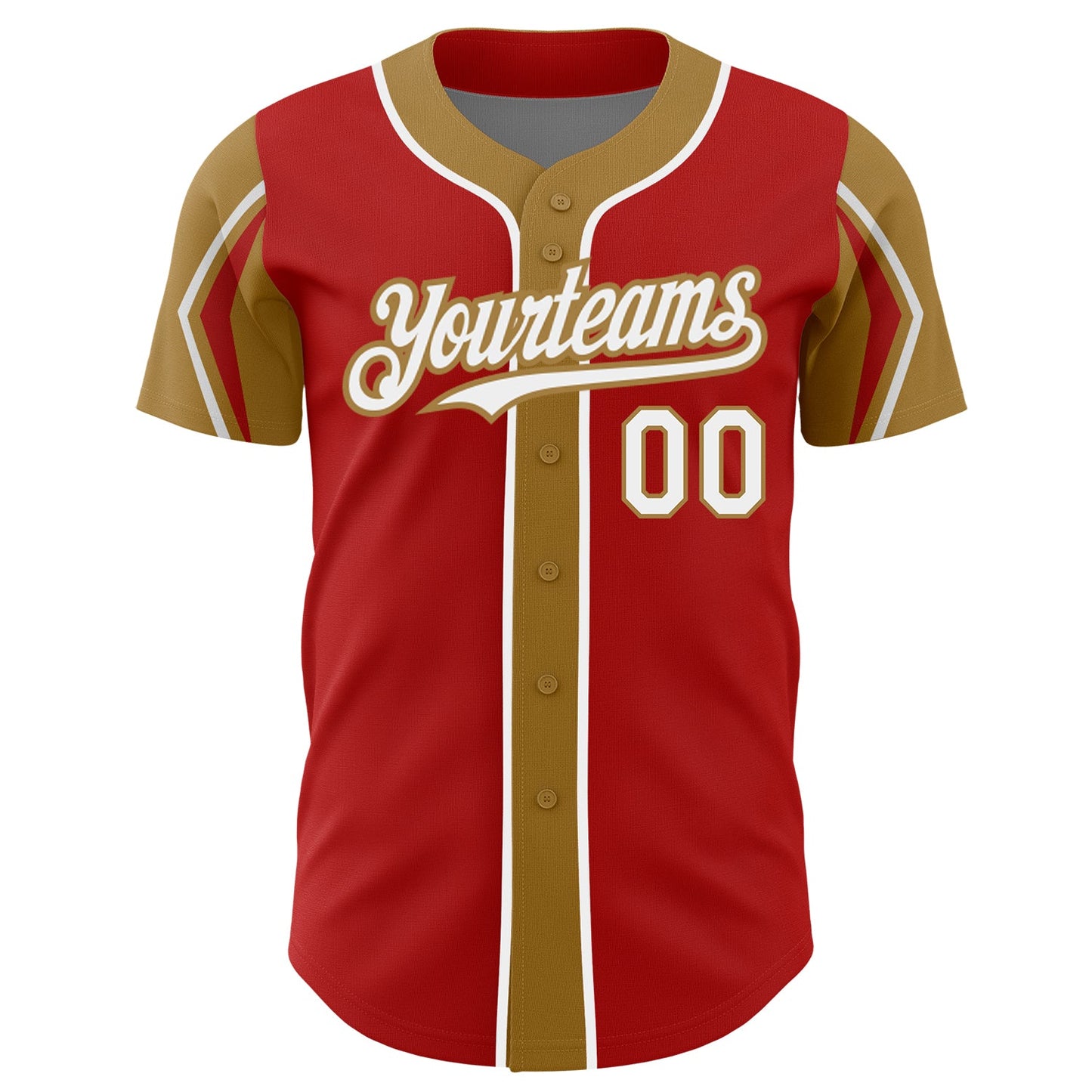 Custom Red White-Old Gold 3 Colors Arm Shapes Authentic Baseball Jersey view 3