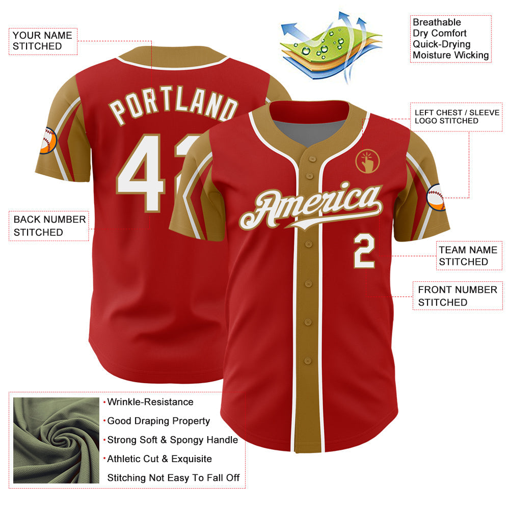 Custom Red White-Old Gold 3 Colors Arm Shapes Authentic Baseball Jersey view 4