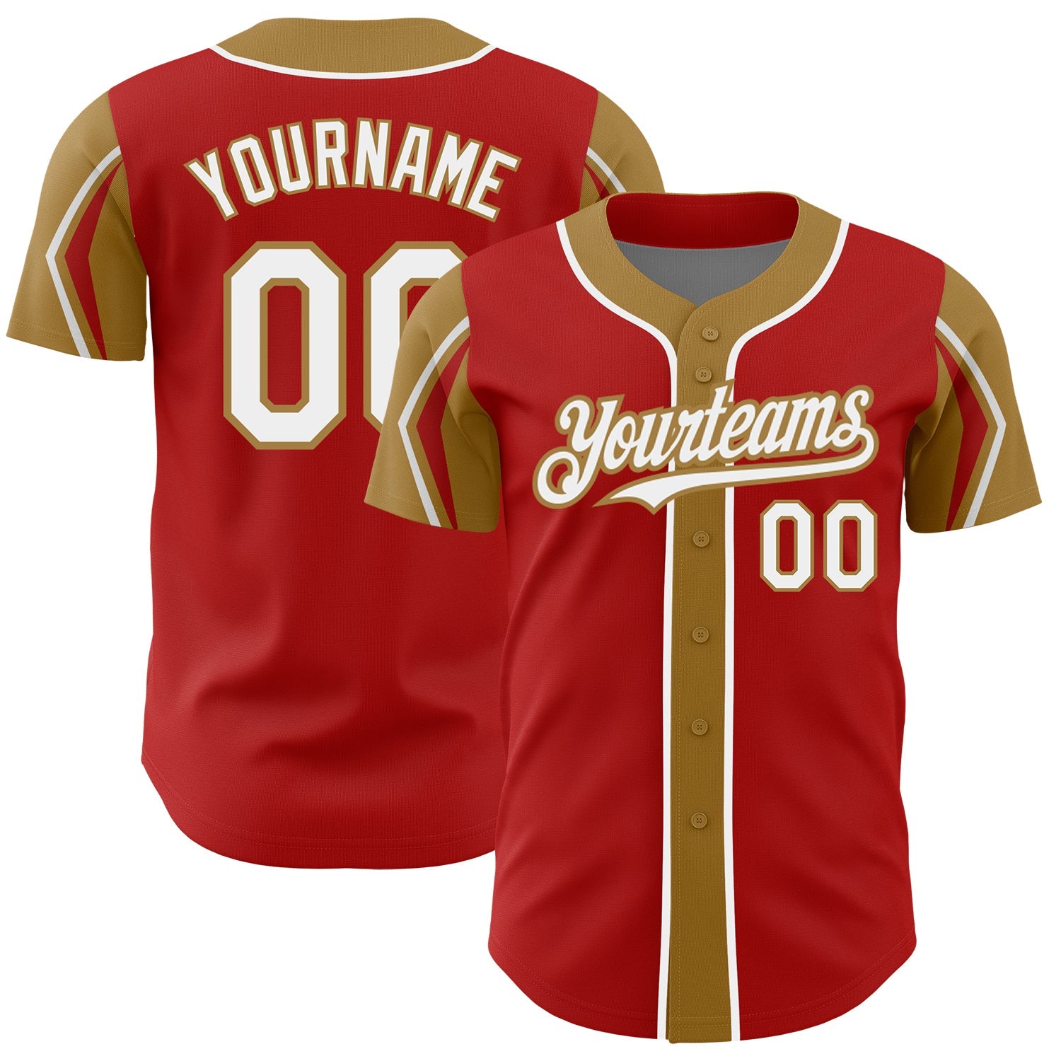 Custom Red White-Old Gold 3 Colors Arm Shapes Authentic Baseball Jersey - Main View